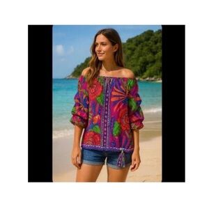 CeCe Tropical Blouse Top Women's Sz Large Puff Sleeve Tie Hem On Off Shoulder